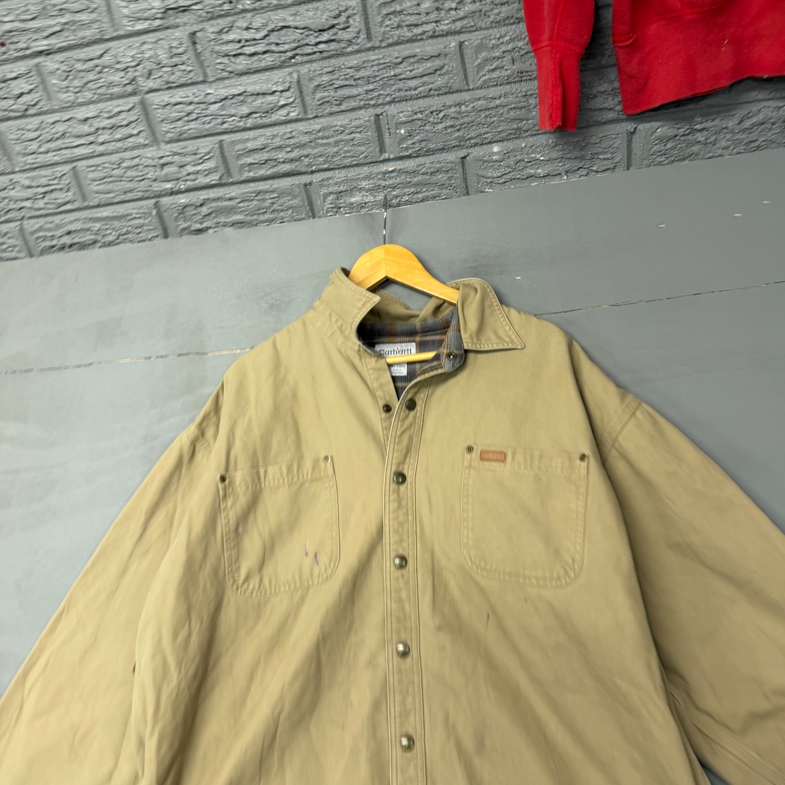 Carhartt Mens Xl Tan Flannel Lined Canvas Work Shirt Jacket Button Up Plaid